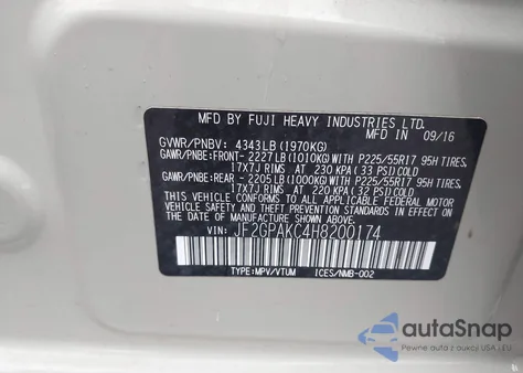 2017 Subaru Crosstrek 2.0I Limited z USA, uszkodzony, nr VIN JF2GPAKC4H8200174